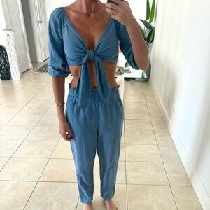 Ruffled Faux Linen Pant Set in Blue - Small